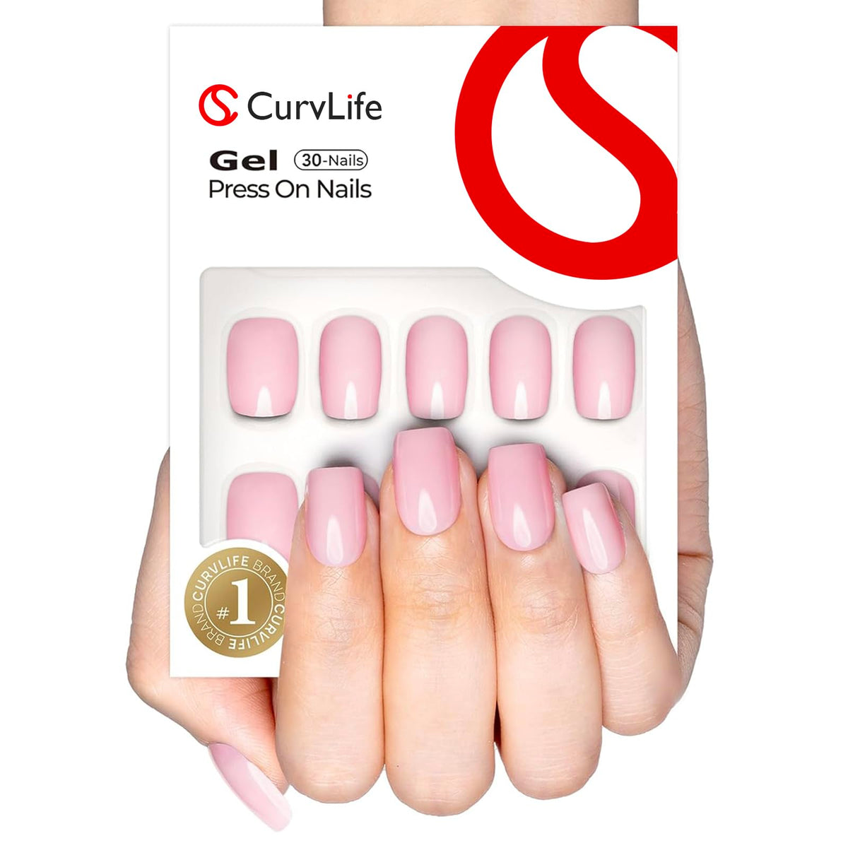 CurvLife Short Square Press On Nails in Pink Gloss front view