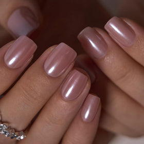 CurvLife Short Square Press On Nails in Pink Pearl glossy finish front view