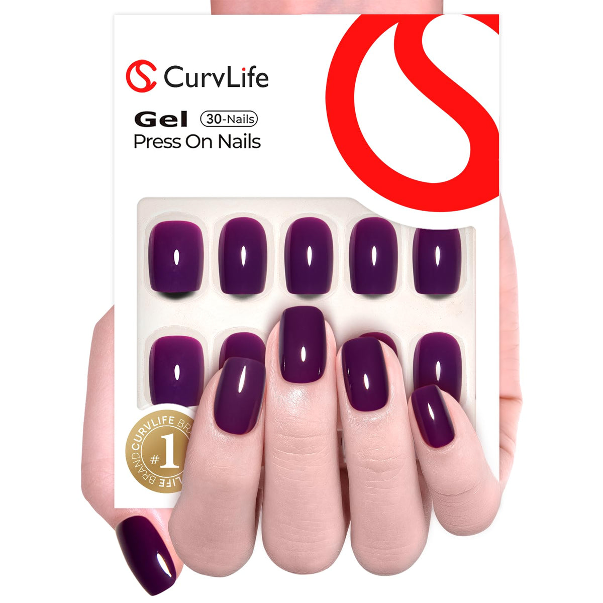 CurvLife Short Square Press On Nails in Reflective Purple front view