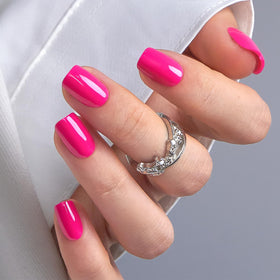 CurvLife Short Square Press On Nails in vivid gloss hot pink front view