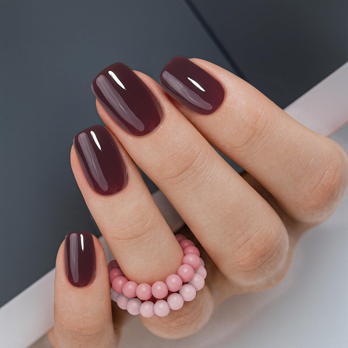 CurvLife Short Square Press On Nails in Wine Velvet Red Brown front view