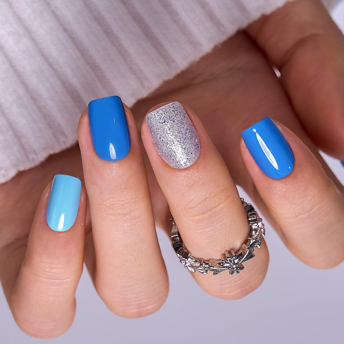 CurvLife Short Square Press On Nails Ocean Blue front view