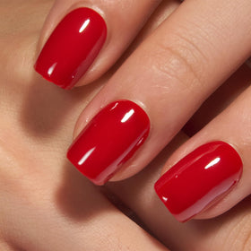 CurvLife Short Square Press On Nails Ruby Gloss Red application kit