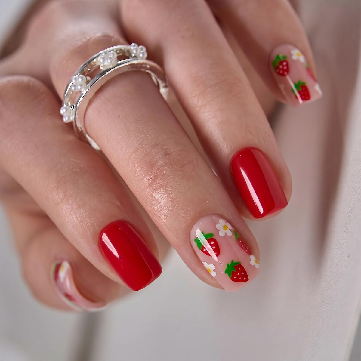 CurvLife Short Square Press On Nails Strawberry Kiss Pink front view