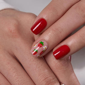 CurvLife Short Square Press On Nails Strawberry Kiss Pink in packaging