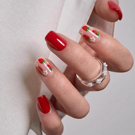 CurvLife Short Square Press On Nails Strawberry Kiss Pink with nail glue and accessories
