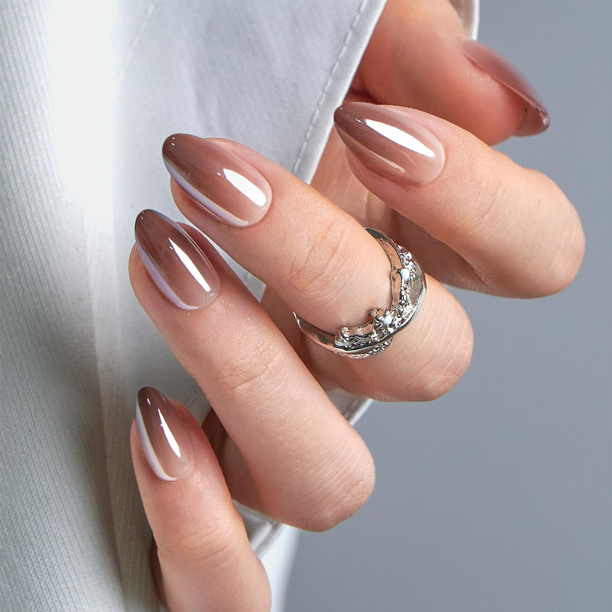 CurvLife Soft Gel Almond Press On Nails Kit in Mocha Chrome, front view