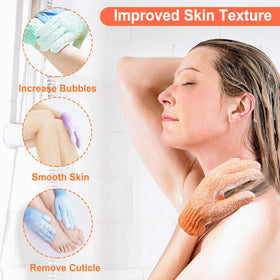 CVNDKN Exfoliating Shower Gloves displayed with bath accessories