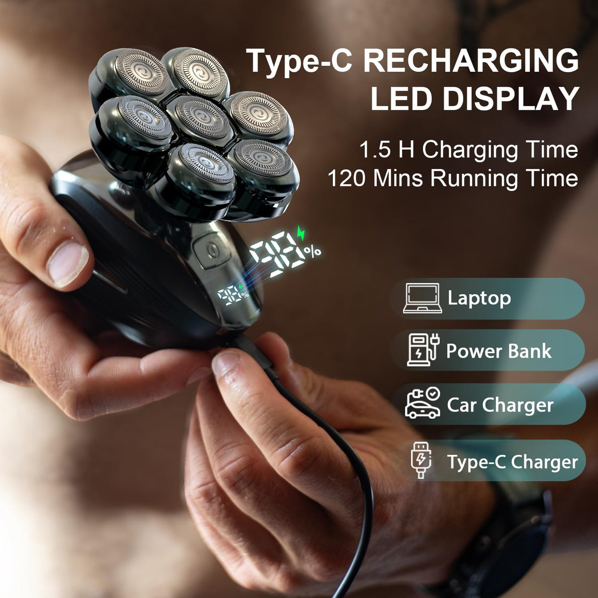 Cyruzi Head Shaver LED display showing battery level