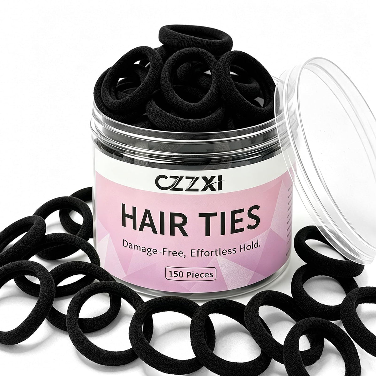 CZZXI 150ct Hair Ties in black storage jar front view