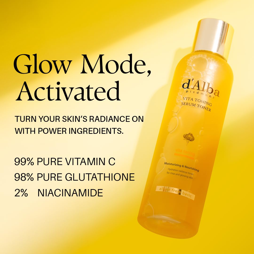 d'alba Piedmont White Truffle Vita Toning Serum Toner on a bathroom counter