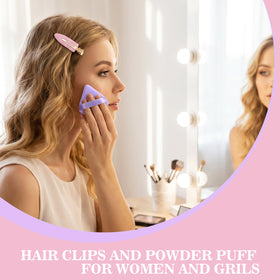 D Creaseless Hair Clips and Triangle Powder Puffs on a makeup table