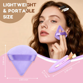 D Triangle Powder Puffs in purple on a vanity