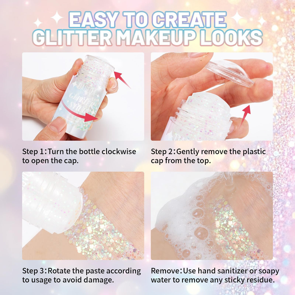 DAGEDA Blue Body Glitter Stick applied in hair for sparkle