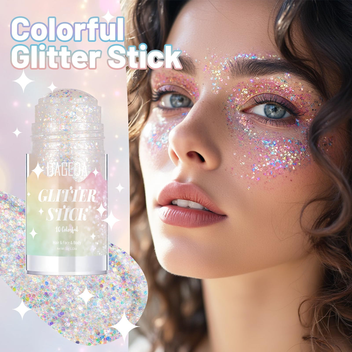 DAGEDA Colorful White Body Glitter Stick applied on skin for a shimmering effect