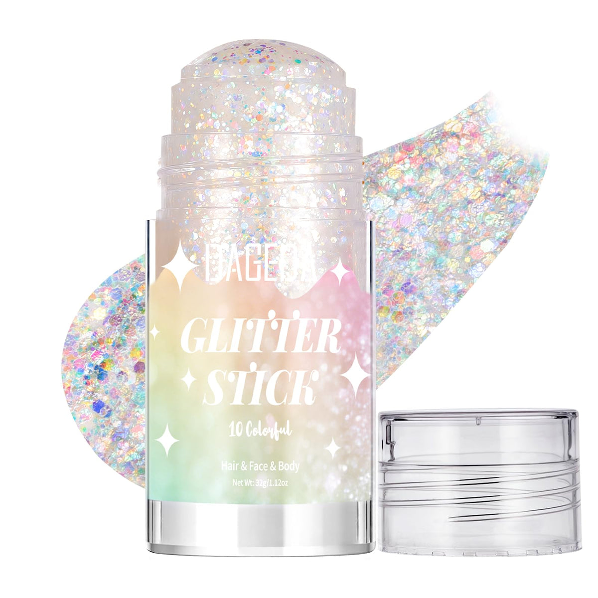DAGEDA Colorful White Body Glitter Stick front view with holographic sparkle