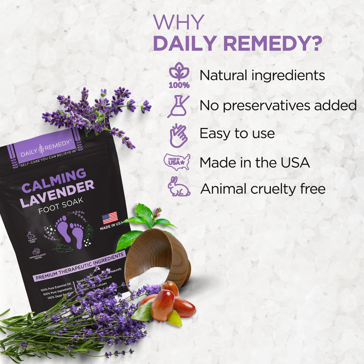 DAILY REMEDY Calming Lavender Foot Soak with lavender flowers