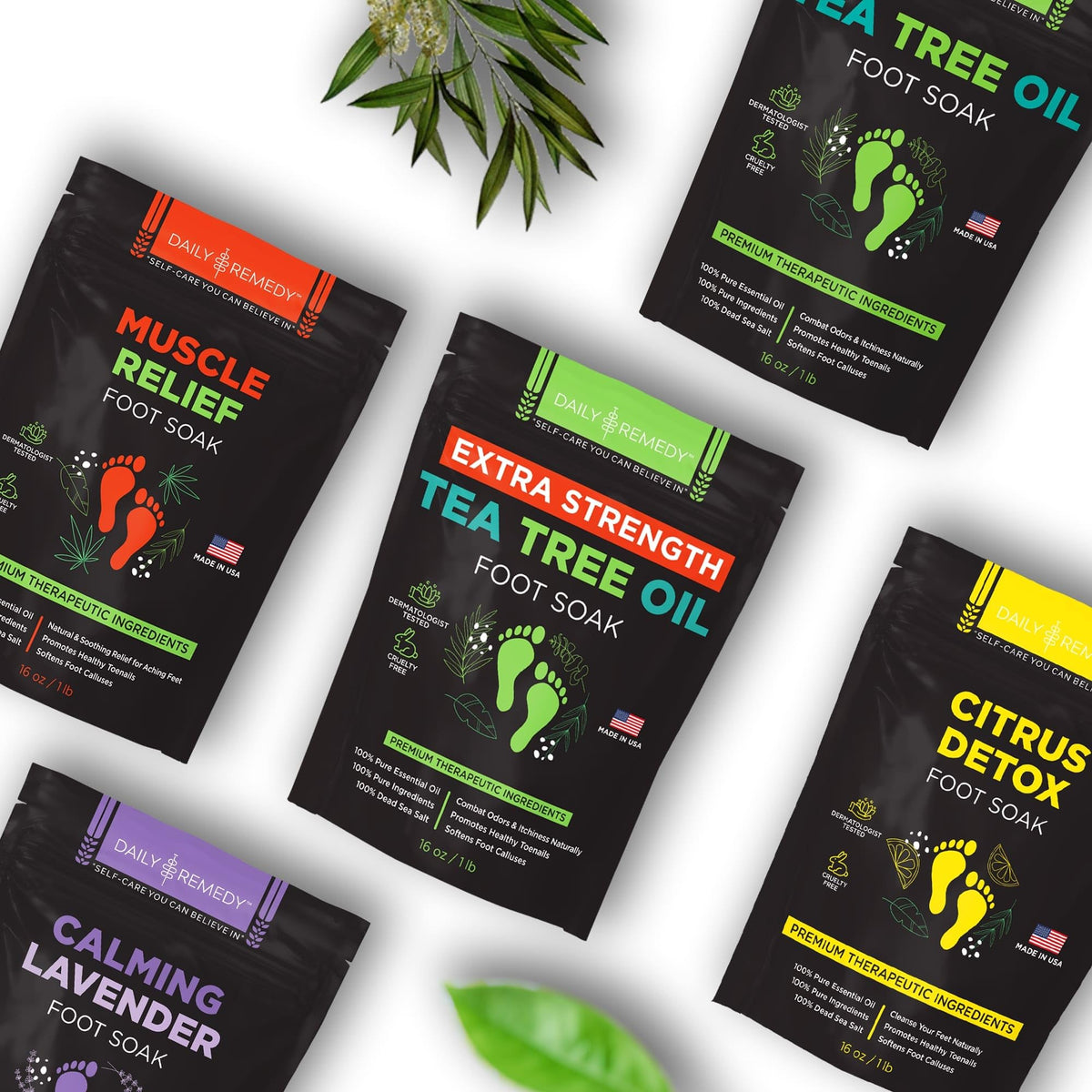 DAILY REMEDY Tea Tree Oil Foot Soak ingredients displayed on a table