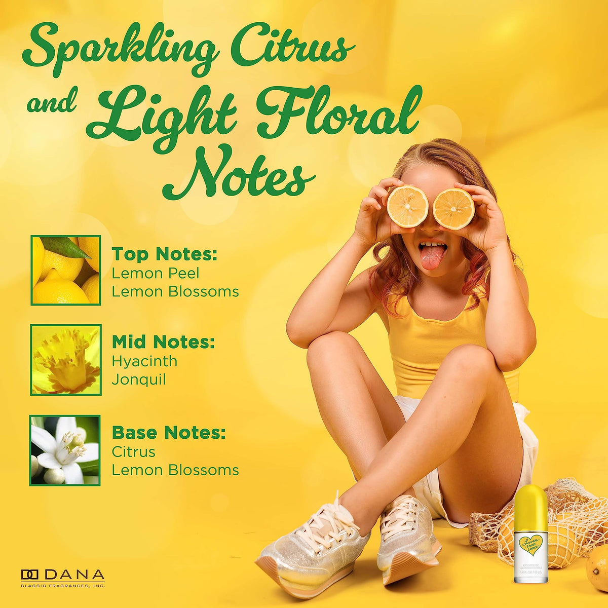 Dana Love's Fresh Lemon Cologne Mist packaging with lemon accents