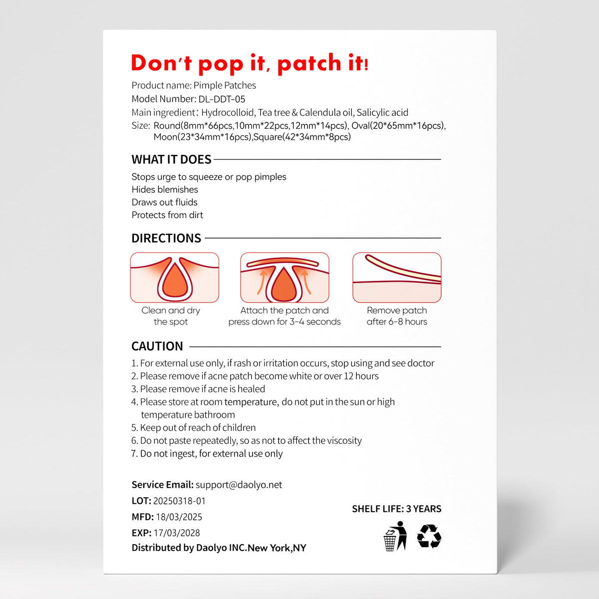 Daolyo Large Acne Pimple Patches ingredients list