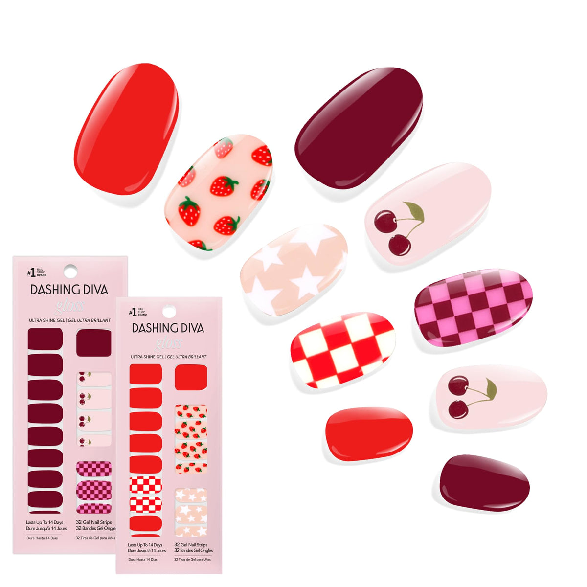 Dashing Diva Gloss Nail Strips Bundle front view with Cha Cha Cherry and Cuter at the Cape designs