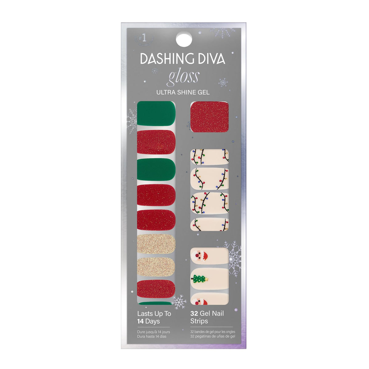 Dashing Diva Gloss Nail Strips Santa Baby front view with festive designs