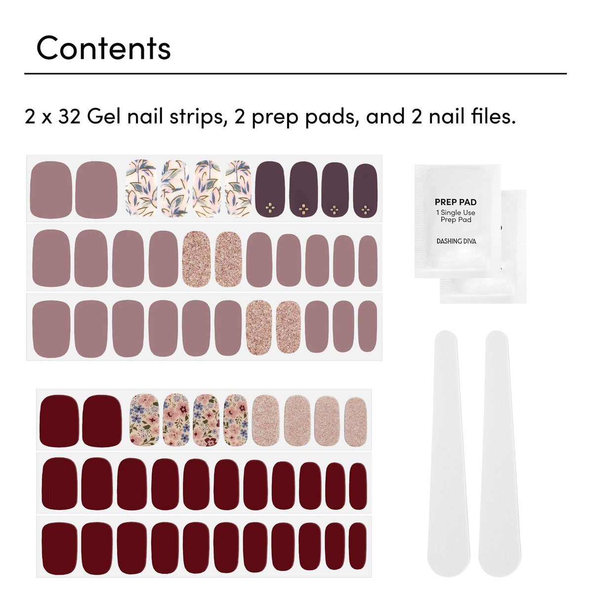 Dashing Diva nail strips application process with prep pad and file