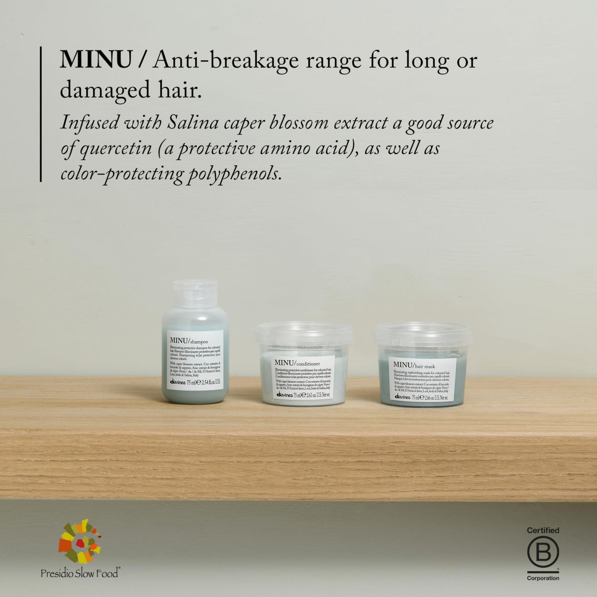 Davines MINU Shampoo 93g with a plant background