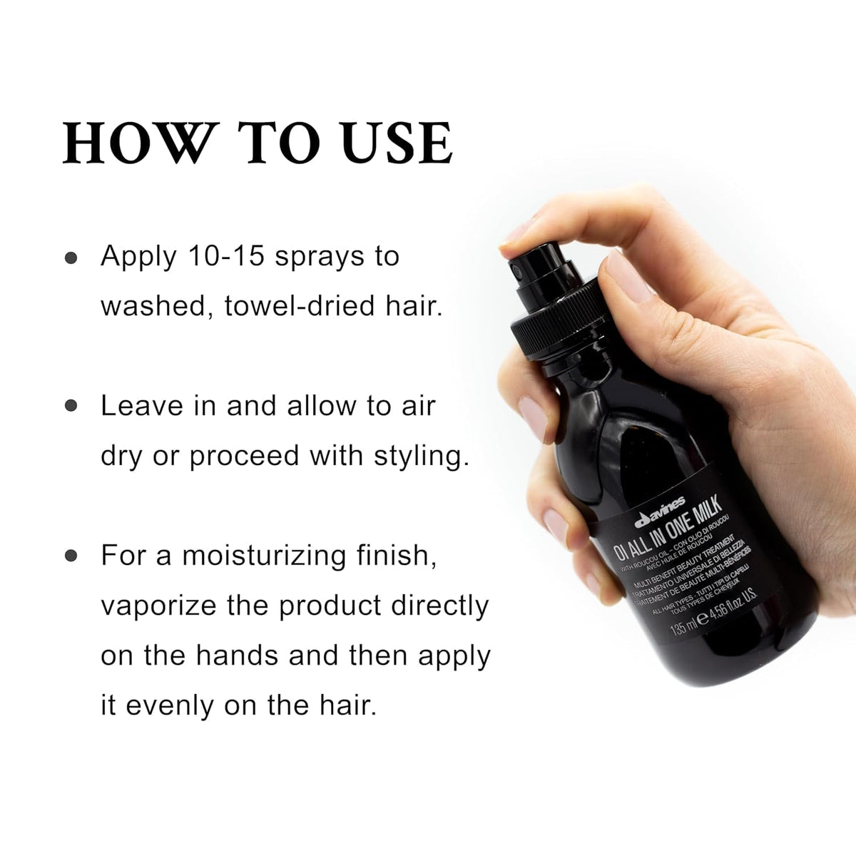 Davines OI All In One Milk Leave-In Spray being applied to hair