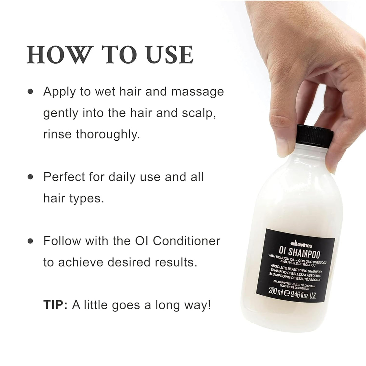 Davines OI Shampoo 330g in a bathroom setting