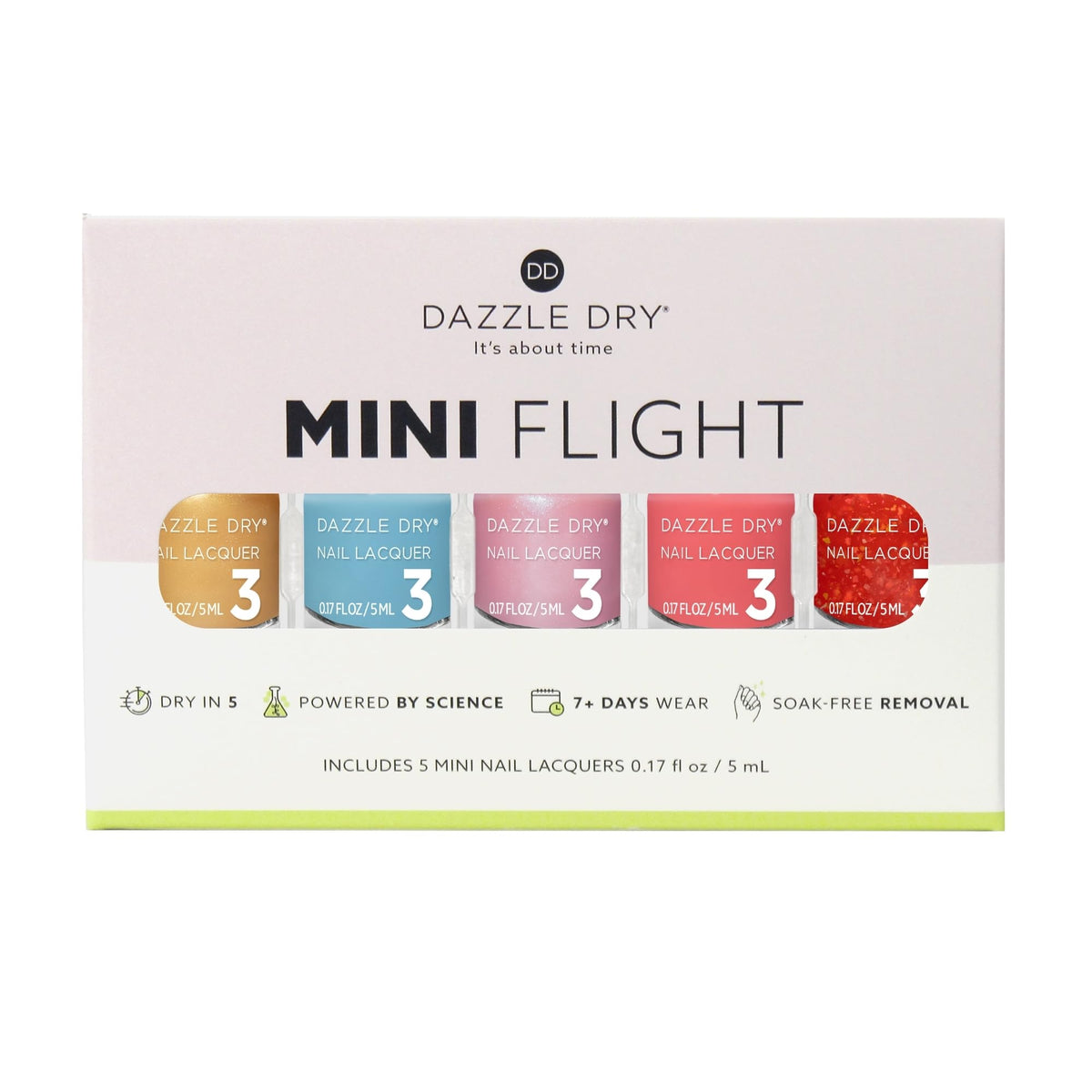 Dazzle Dry Mini Flight lacquer bottles showcasing a variety of colours