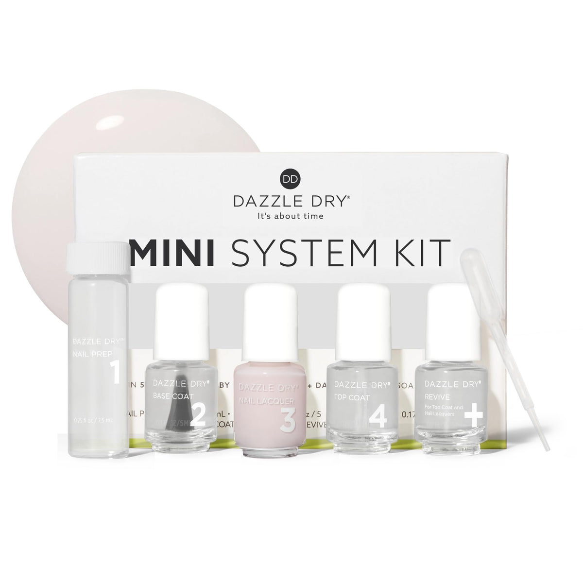 Dazzle Dry Mini Kit containing Nail Prep, Base Coat, Lacquer, Top Coat, and Revive thinner