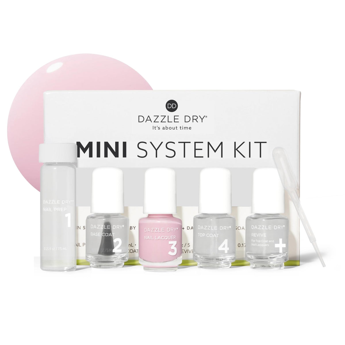 Dazzle Dry Mini Kit including Nail Prep, Base Coat, Lacquer, and Top Coat front view