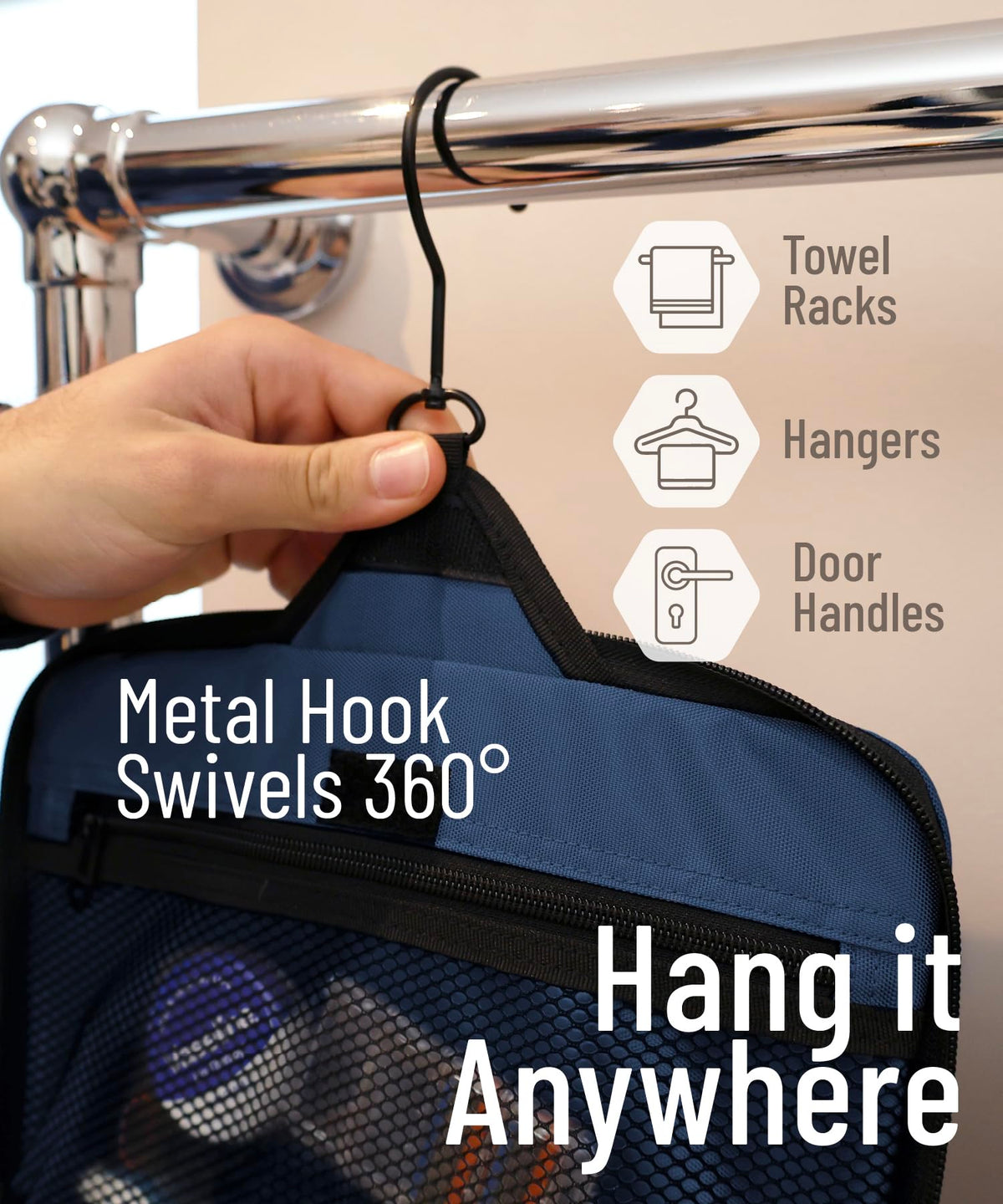 DD D&D Wanderlust Hanging Travel Toiletry Bag in a bathroom setting