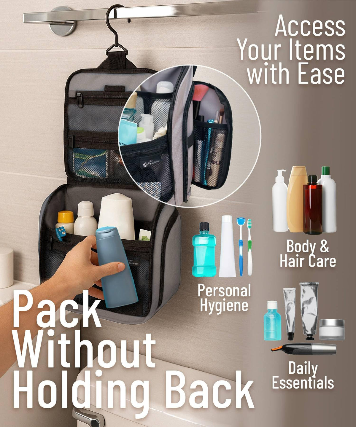 DD D&D Wanderlust Hanging Travel Toiletry Bag in a bathroom setting