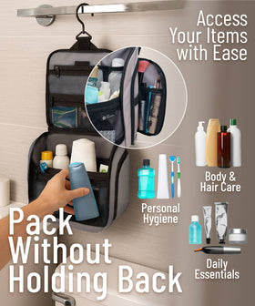 DD D&D Wanderlust Hanging Travel Toiletry Bag in a bathroom setting