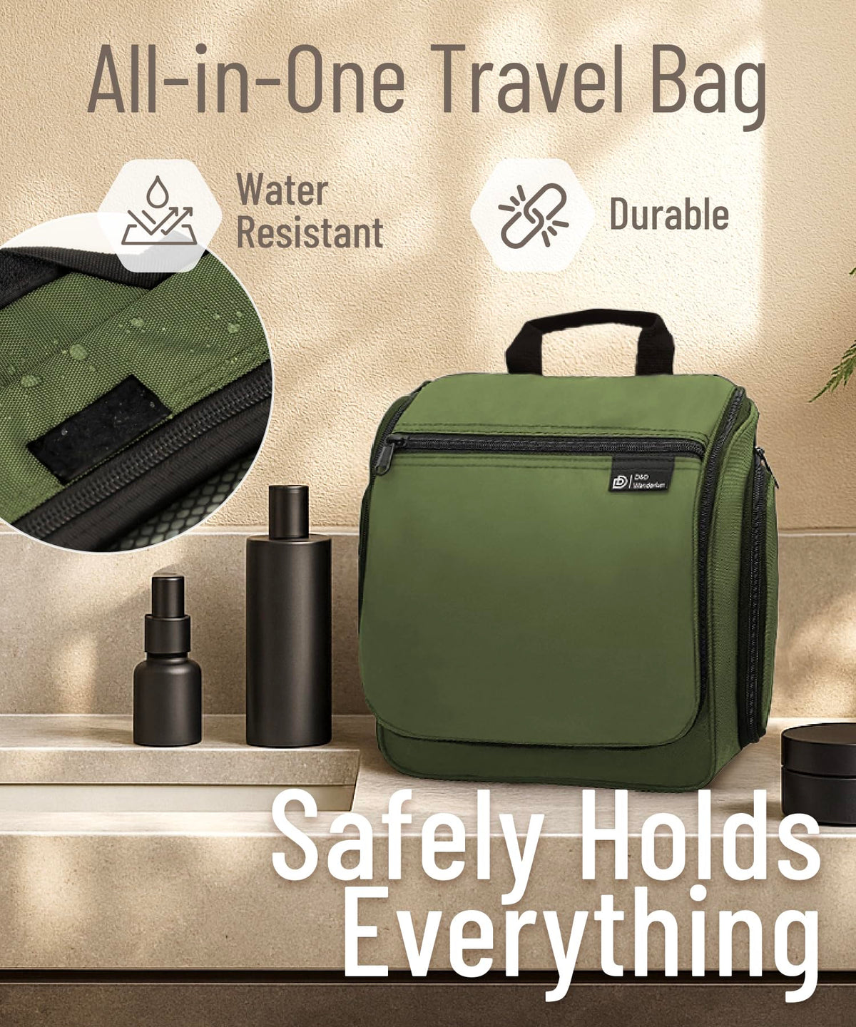 DD D&D Wanderlust Toiletry Bag hanging from a towel rack