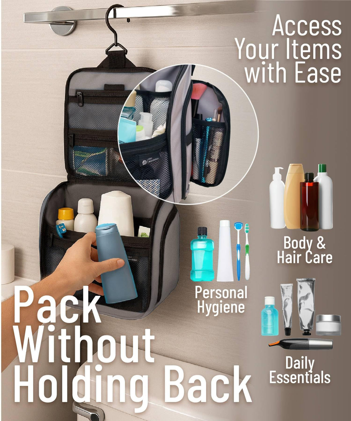 DD D&D Wanderlust Toiletry Bag hanging in a bathroom