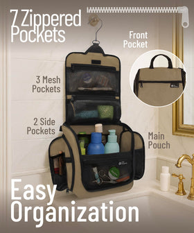 DD D&D Wanderlust Toiletry Bag hanging in a hotel bathroom