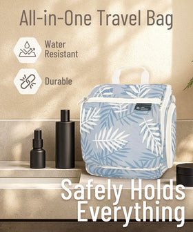 DD D&D Wanderlust Toiletry Bag hanging in a hotel bathroom