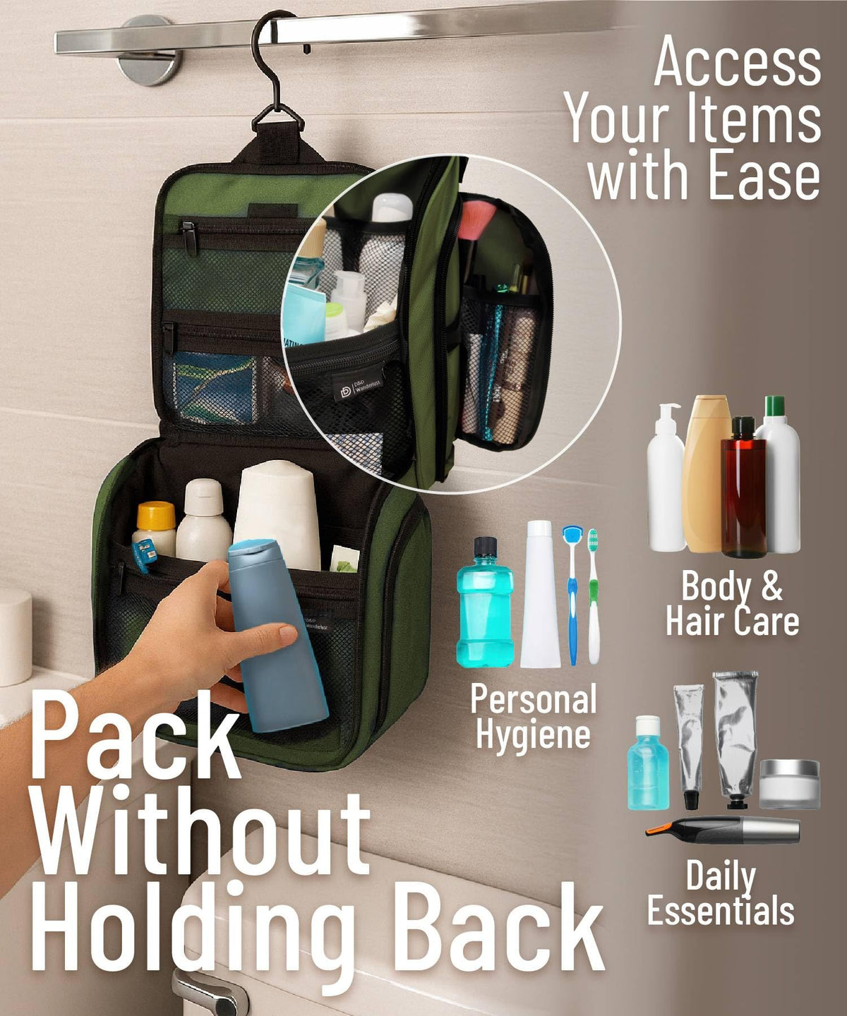 DD D&D Wanderlust Toiletry Bag open with toiletries inside