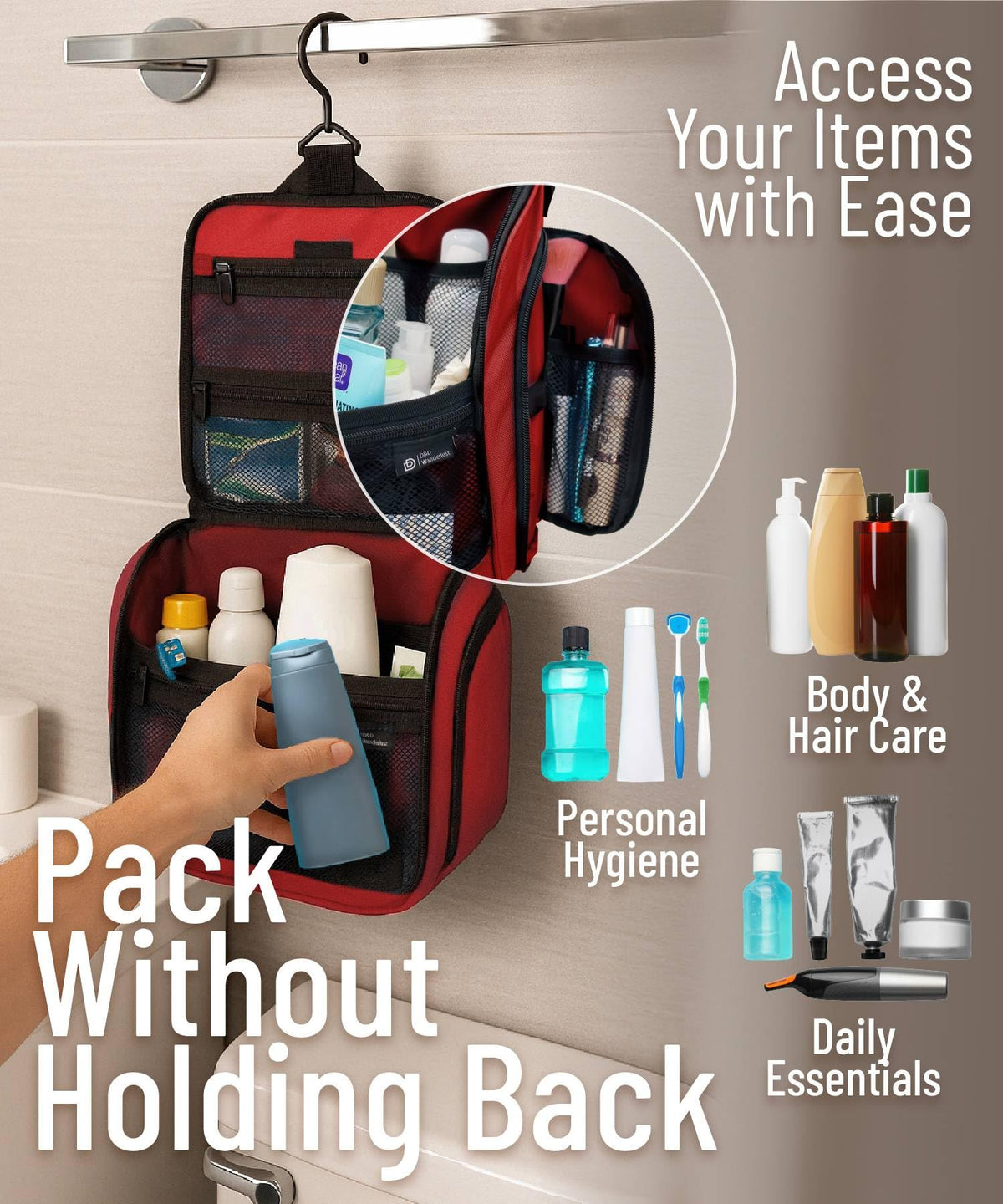DD D&D Wanderlust Toiletry Bag opened with toiletries