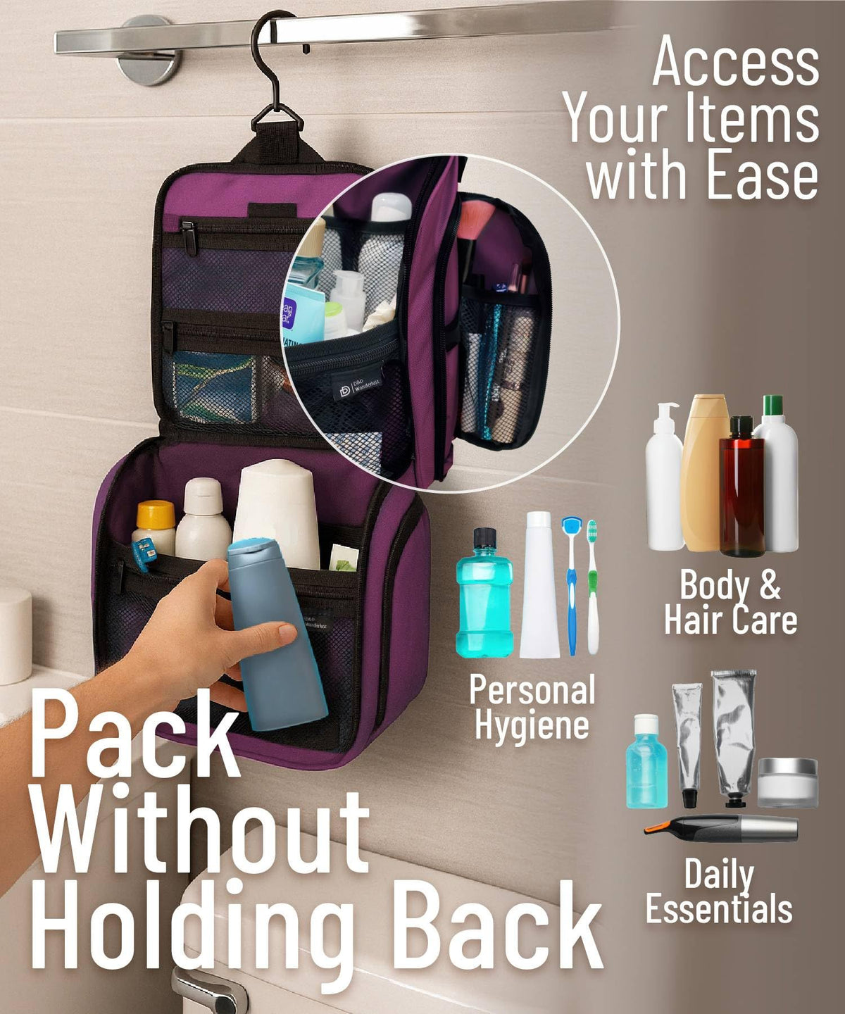 DD D&D Wanderlust Toiletry Bag packed with toiletries and cosmetics
