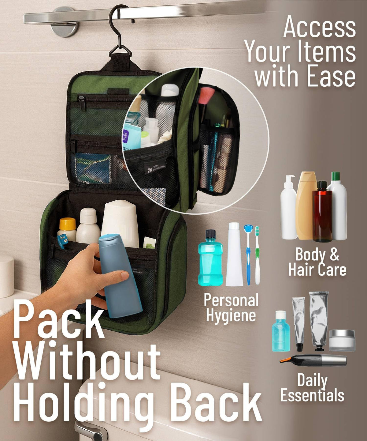 DD D&D Wanderlust Toiletry Bag shown with travel essentials