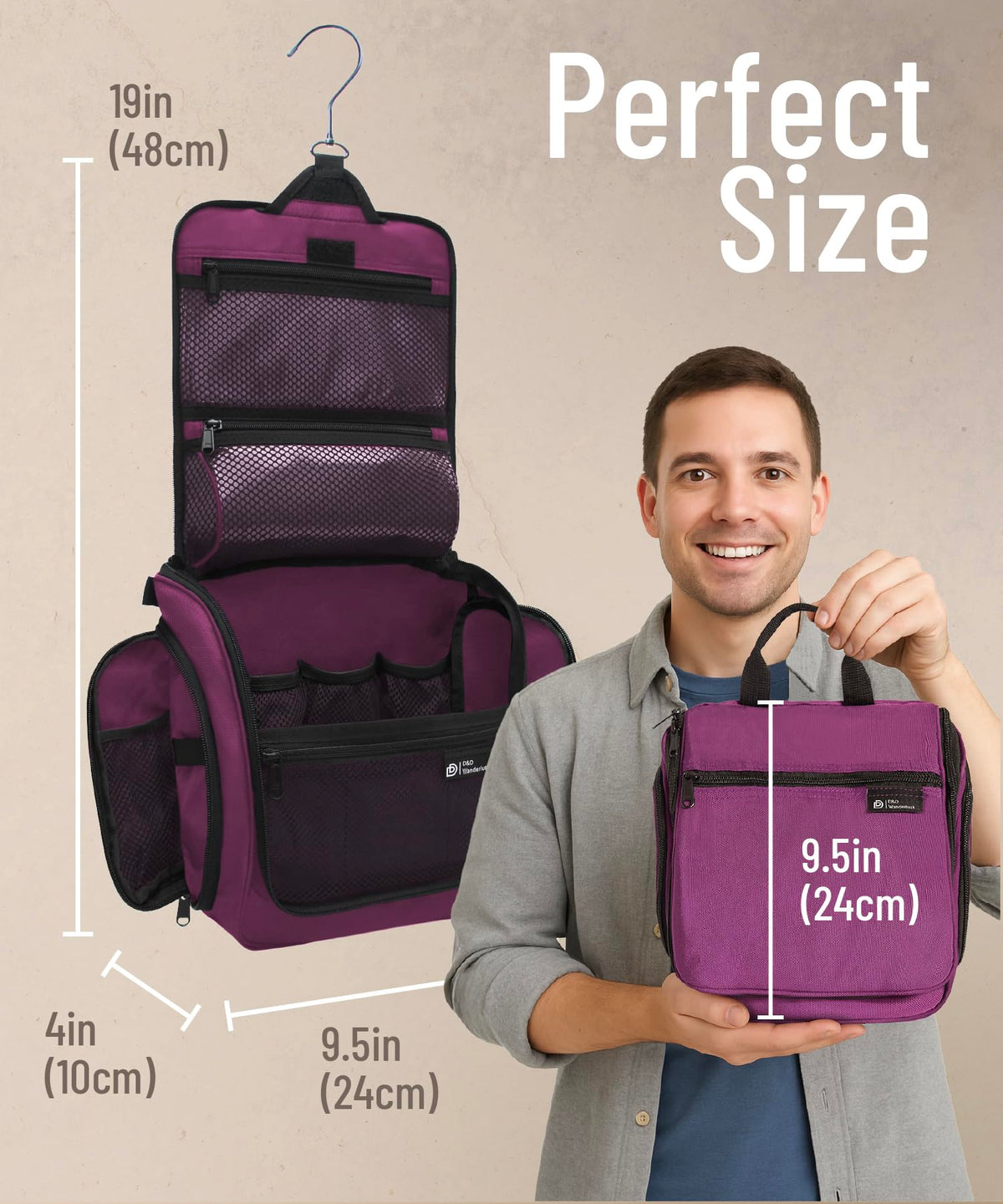 DD D&D Wanderlust Toiletry Bag with XXL metal swivel hook in use