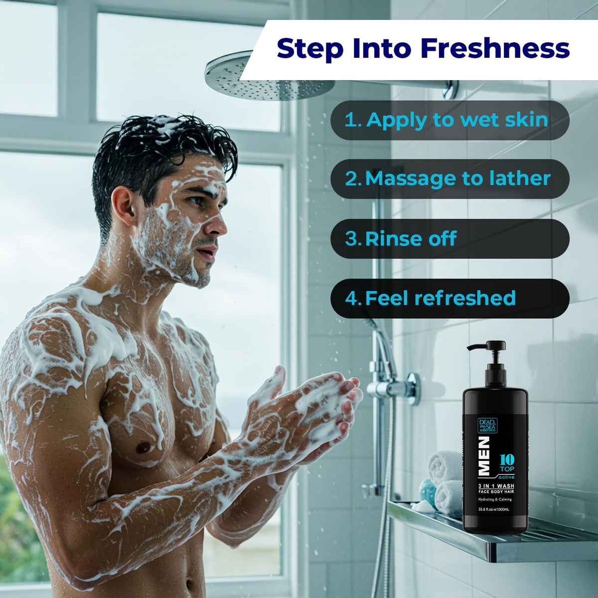 Dead Sea Collection Men's 3-in-1 Body Wash alongside grooming accessories