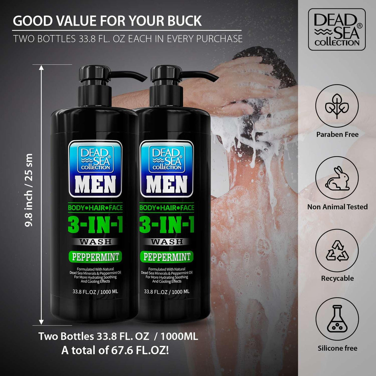Dead Sea Collection Peppermint Men’s Body Wash side view highlighting the pump