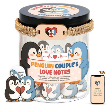 DEARMINE Penguin Couple's Love Notes Jar front view with 60 affirmation cards