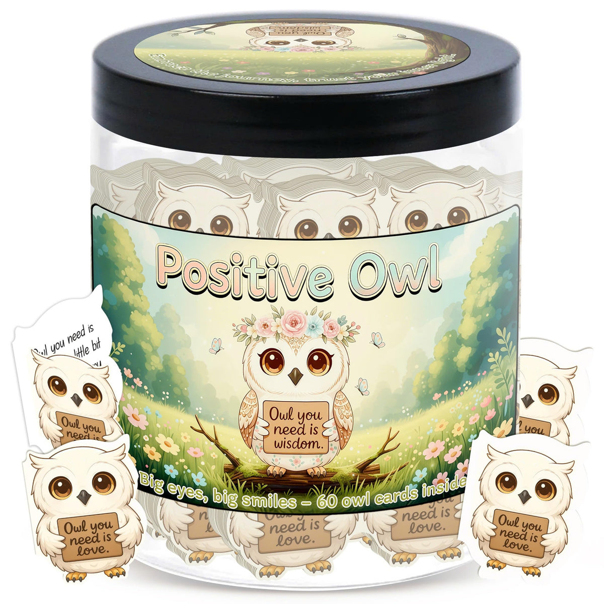 DEARMINE Positive Owl Jar front view with 60 affirmation cards