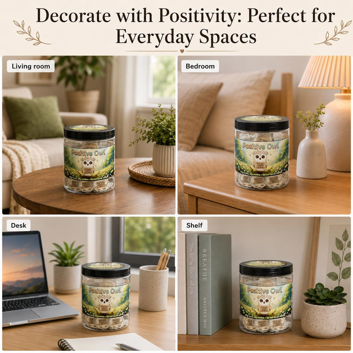 DEARMINE Positive Owl Jar in a cozy office setting